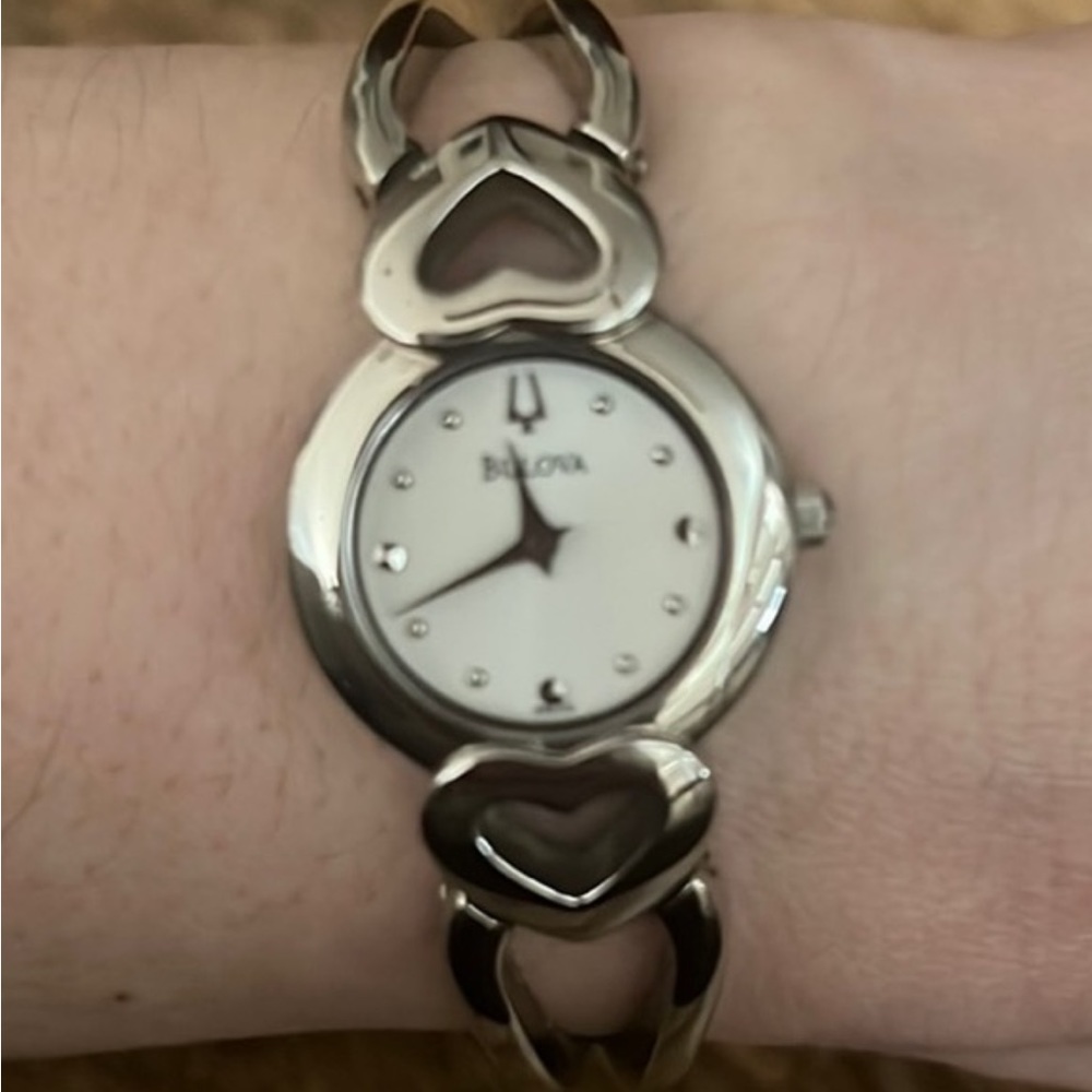 Bulova stainless steel heart bangle bracelet link watch